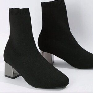 Metallic Block Heel Knit Booties